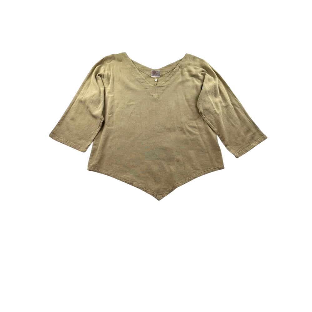 Oh My Gauze! Lynn Cotton Blouse Size 1 S/M V Neck Pointed Hem Tan Relaxed Casual
